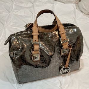 MK Silver Metallic Logo Pattern Tan Leather Strap Bowling Bag Shape Satchel